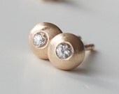 White Sapphire and 14k Recycled Gold Pebble Studs - yellow gold post earrings flush set stone