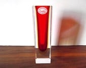 Vintage Murano Mandruzzato Red and Amber Cased Art Glass Vase