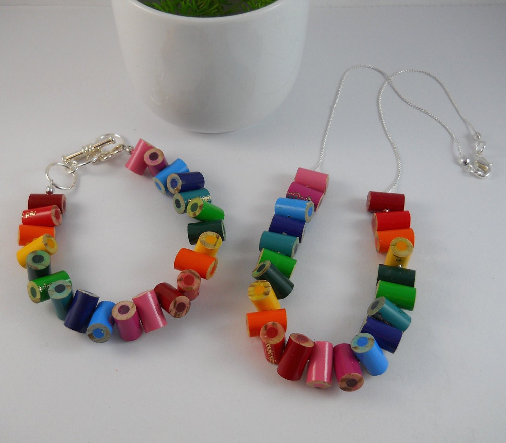 Necklace and Bracelet Jewelry Set - Colored Pencil - Beaded Necklace - Teacher - Teacher Gift - Pencil - Multi Color Rainbow - Adjustable