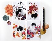 Flower Set 1 - Collection of 4 Art Postcards - Colorful floral Girl Drawings