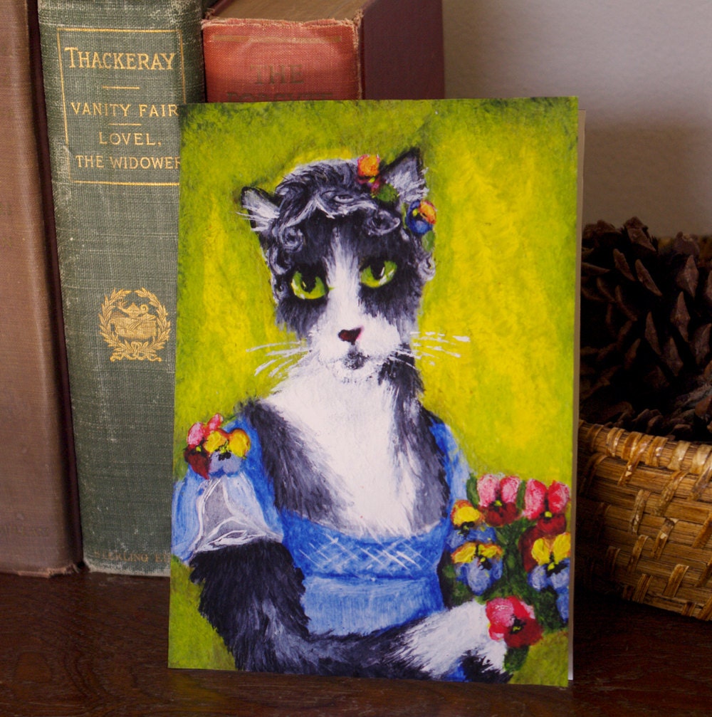 Regency Cat Greeting Card, Grey and White Cat in Regency Dress, Pansy Bouquet