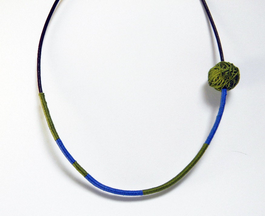Leather necklace with thread and cotton bead. Textile jewelry. Olive green, peacock blue.