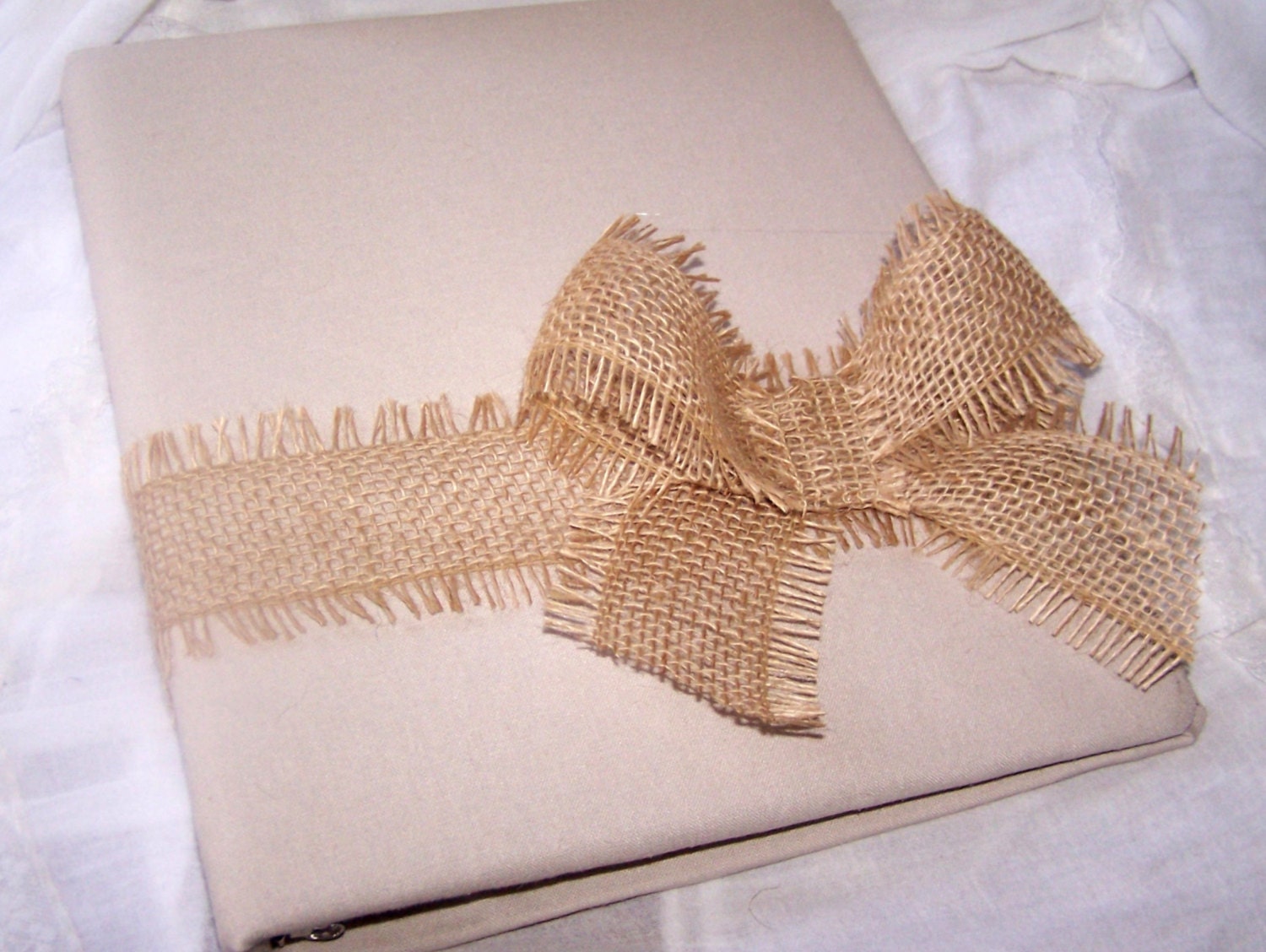 Rustic WEDDING GUEST BOOK with Photo Spot - Burlap, Brown and Ivory, Bow Style, Custom colors available