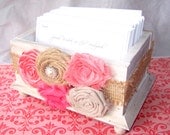 Wedding Guest Book Box - Modern Shabby Chic Basic style - Burlap Ribbon with Coral Flowers, Distressed White Box, Custom colors available
