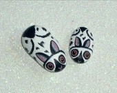 2 White spotted rabbits, painted rocks, moss terrarium, summer dish garden, miniature animals, kissing bunnies, handmade by Rockartiste