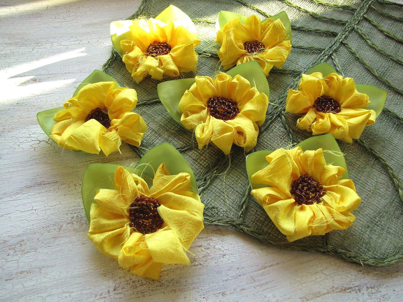 Shabby chic frayed fabric flower embellishments, flower appliques, fabric flowers, supplies for diy crafts (3 pcs) - BRIGHT YELLOW DAISIES