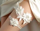 Lace Wedding Garter set - Bridal garter, chiffon Flower with Crystals on Stretchy band