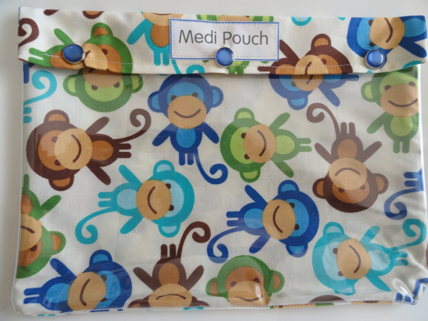 XL Medi-Pouch Clear Pocket Organizer for First Aid Meds Diaper Bag Pre School Nursing Supplies (7x9 Monkeys in Royal) Air Travel Friendly
