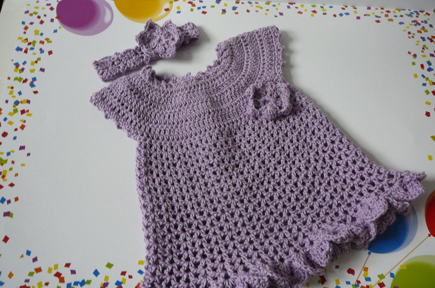 Crocheted Baby Girl Cotton Dress and Headband   READY TO SHIP   Size 12 months