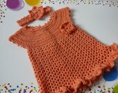 Crocheted Baby Girl Cotton Dress and Headband   READY TO SHIP   Size 12 months