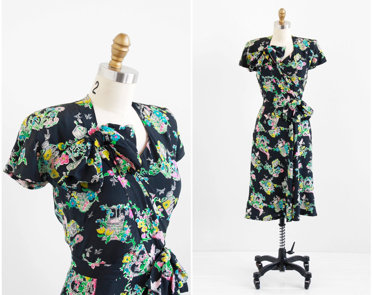vintage 1940s dress / 40s dress / Colorful Garden Flowers Novelty Print Swing Dress