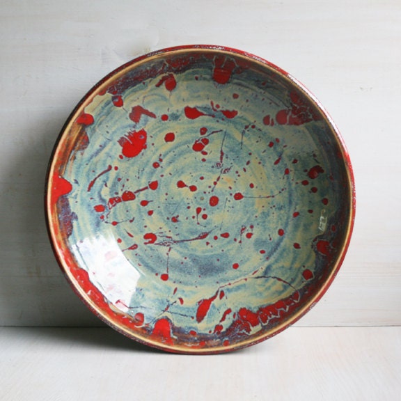 Ceramic Bowl Center Piece Multi Colored Shallow Bowl Serving Platter Stoneware Pottery Dinnerware Rustic Art Pottery