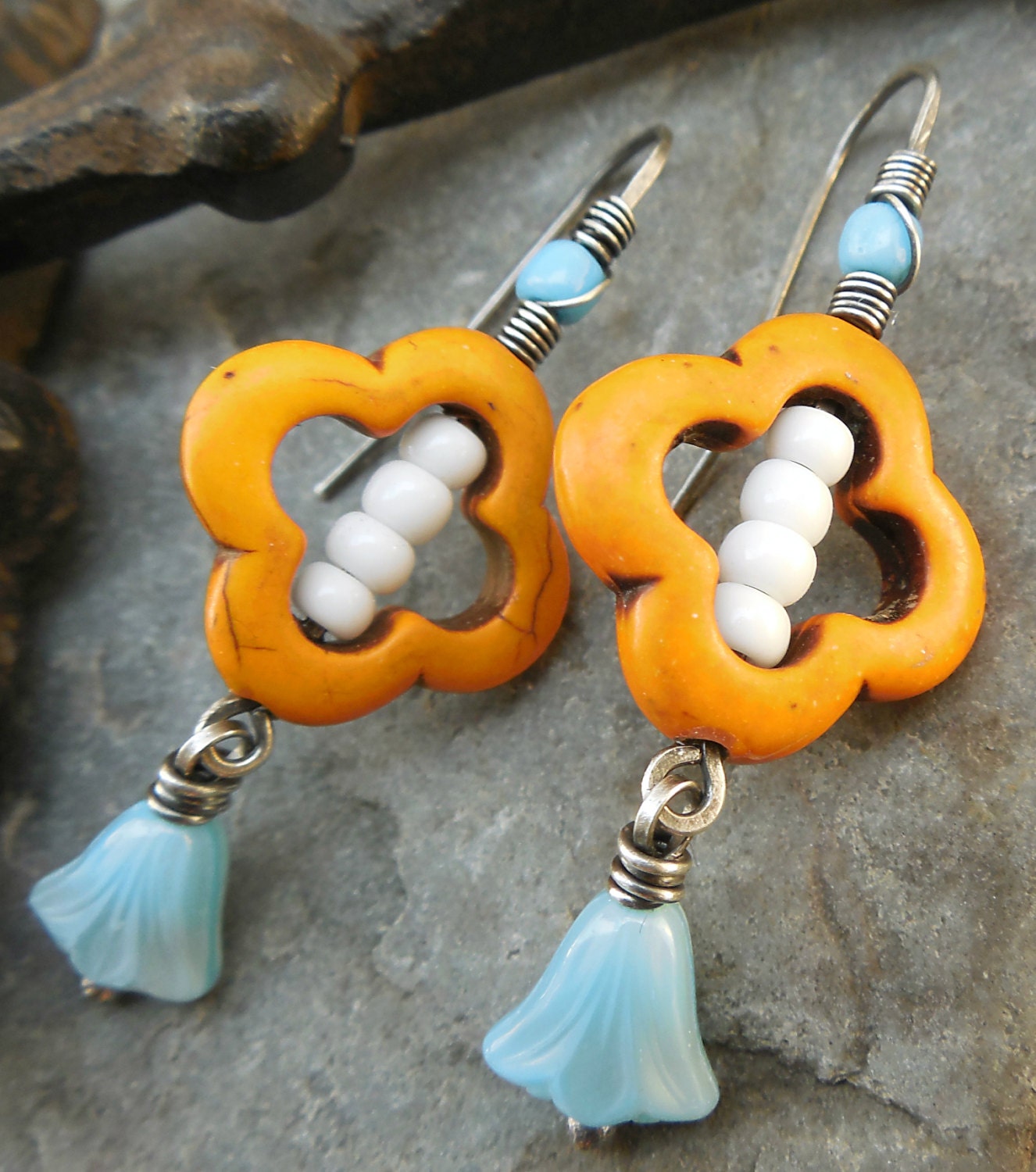 Southwest Morocco Pumpkin Orange, Baby Blue and White Sterling Silver Earrings