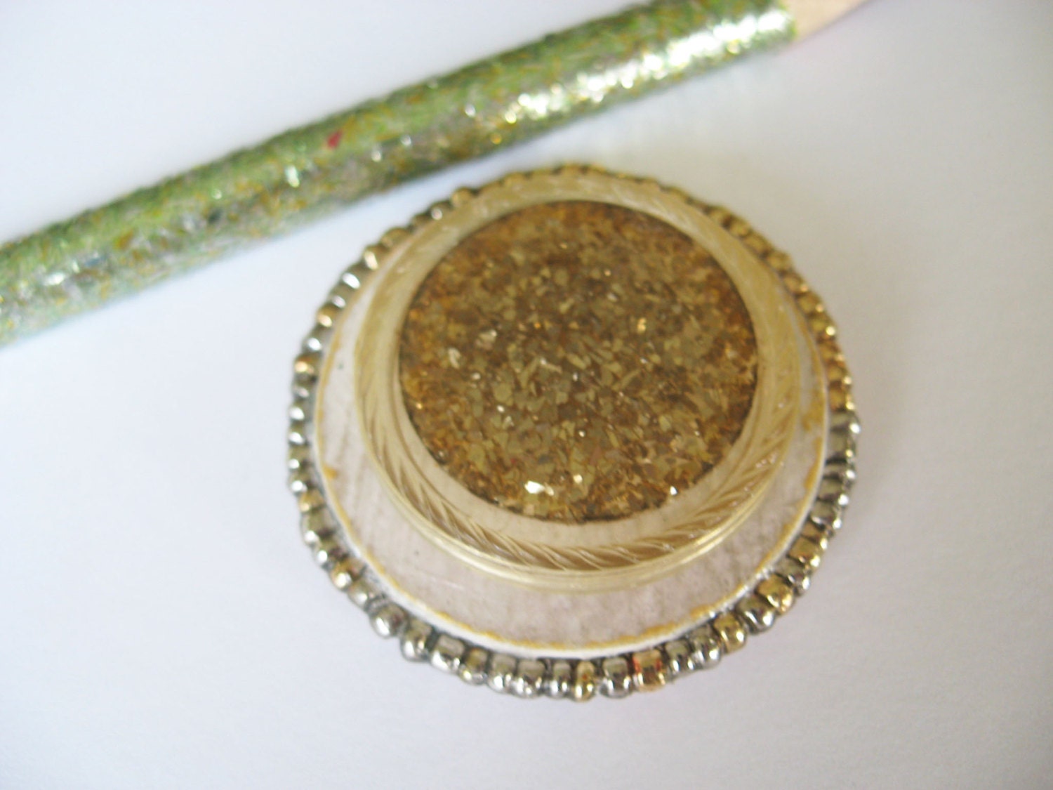 White Brooch Gold Beads Vintage Button Glitter Pin