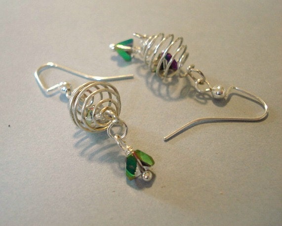 Silver Earrings Caged Earrings Spiral Dangle Earrings