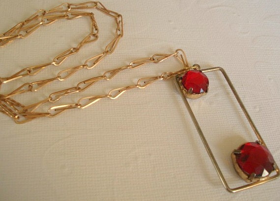 Gold Necklace Red Rhinestone Pendant with Gold Paper Clip Chain jewelry