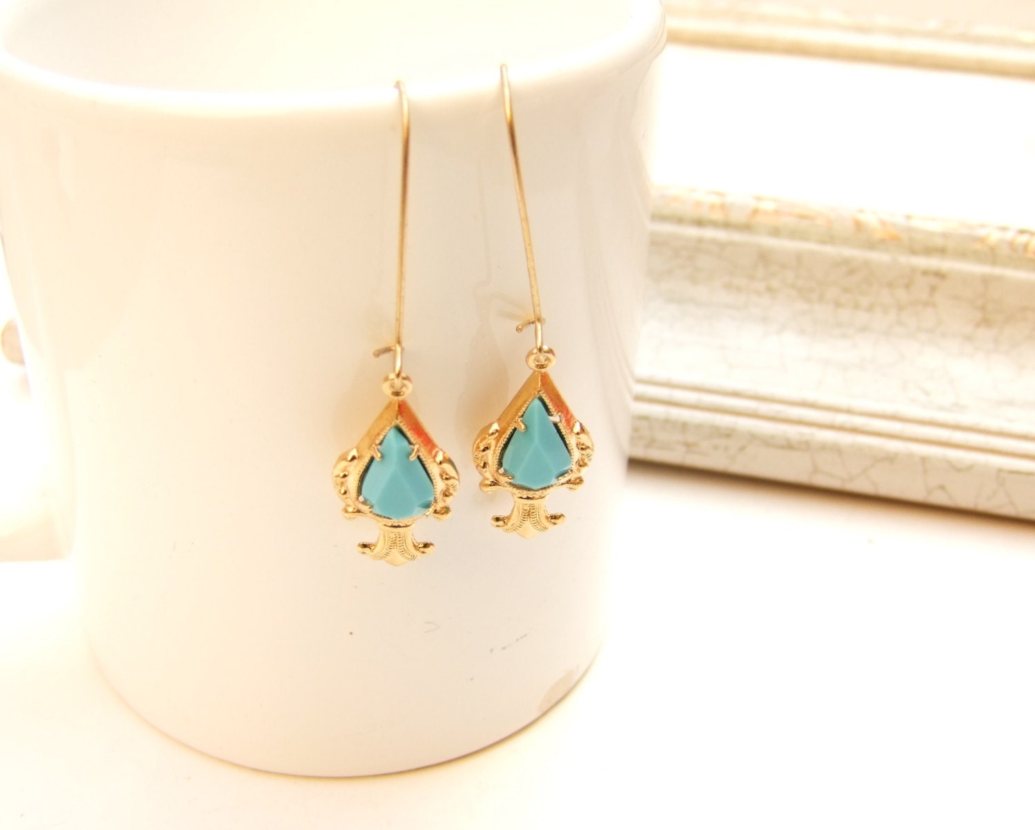 Tamara.  Gold filled, wedding, bridal, bridesmaids, something blue, mother, gemstone,dangle earrings turquoise