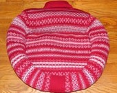 CAT Bed DOG Bed Pet BED Handmade Upcycled Sweater Nest  CrabbyCats, Crabby Cats 010 Brick Red and Pink Cross-Stitch Stripes