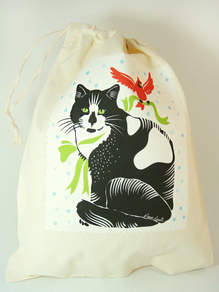 Snow Cat - Organic Cotton Drawstring Bag