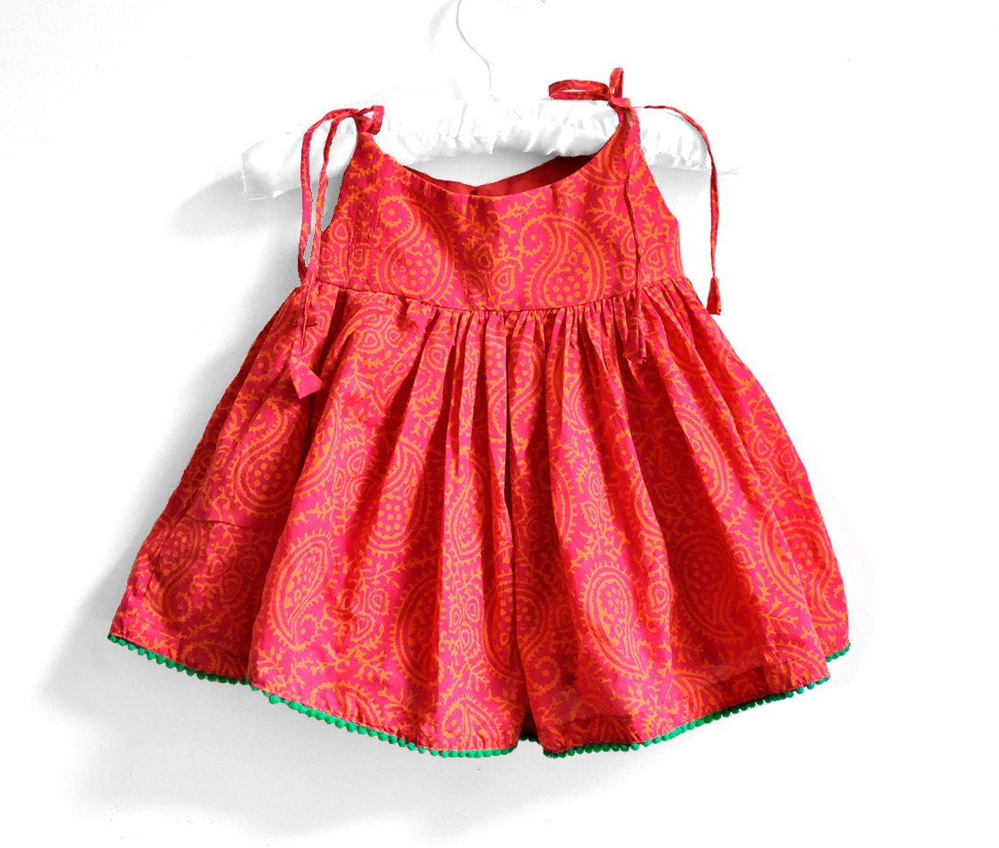 Baby Dress - Baby Girl Dress - Size 6 -12 months - Pretty Pink floral print with Green Piping