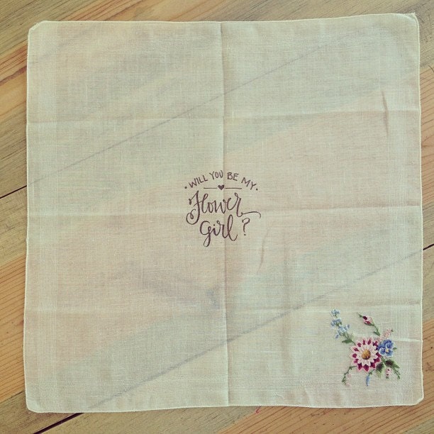 NEW "Will You Be My Flower Girl" Hand-Stamped VINTAGE Handkerchief