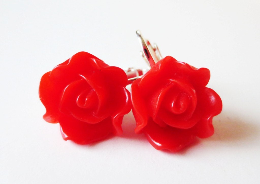 Scarlet red rose clip on earrings.  In silver. For unpierced ears.