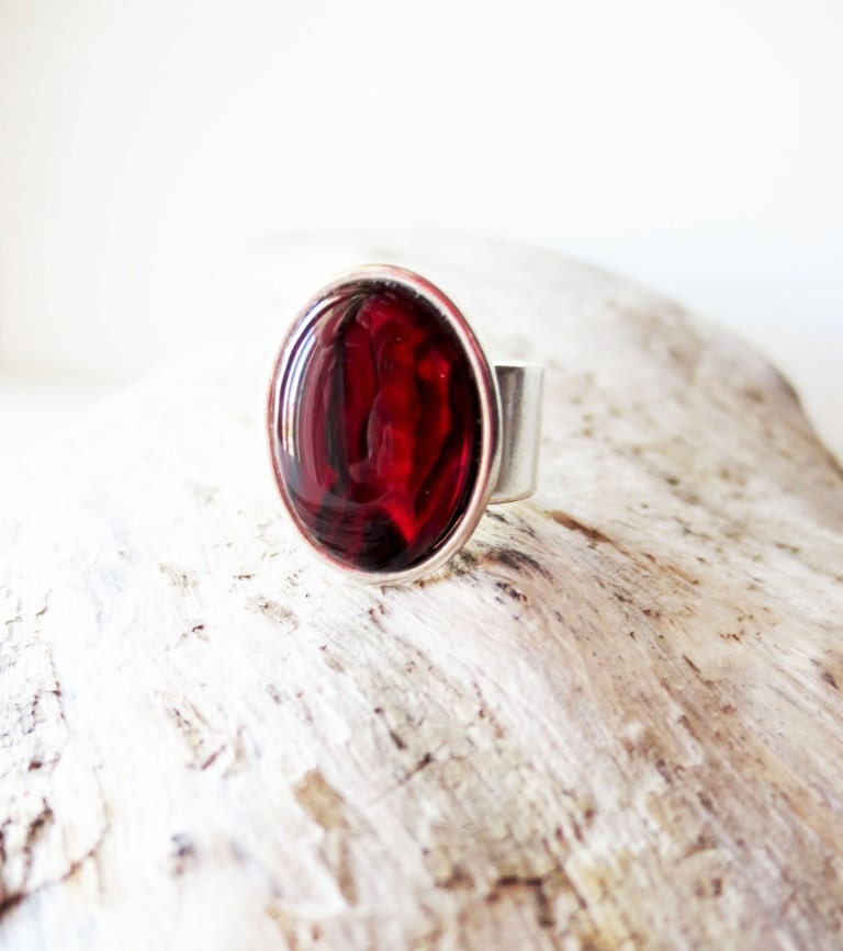 Blood red paua shell wide band silver ring