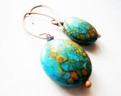 Round boho turquoise earrings.  Long copper dangle earrings.