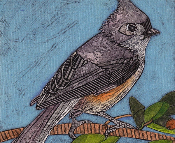 Tufted Titmouse 6 - Hand-Pulled Collograph Art, Little Gray Bird, sky blue, green, orange red berries, branch
