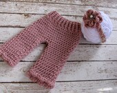 Baby Girl Pants and Headband Set, Crochet Halo and Rose Longies, Photo Prop
