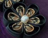 Kanzashi Fabric Flower - Set of 2 Hairclip - Black and Beige