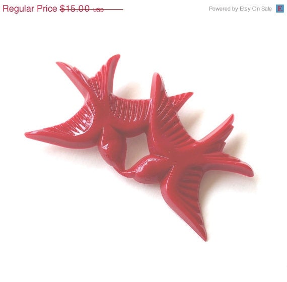 ON SALE Brooch cherry red resin kissing birds flying