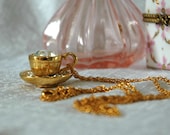 Coffee Break Pendant, Rhinestone, Gold Cup & Saucer, Mint Condition