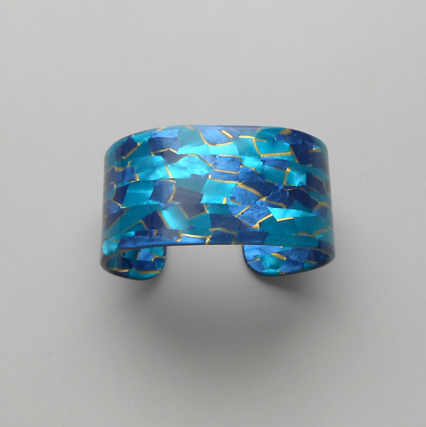 80s Laminate Cuff Bracelet.  Satiny Blue & Gold Canal.
