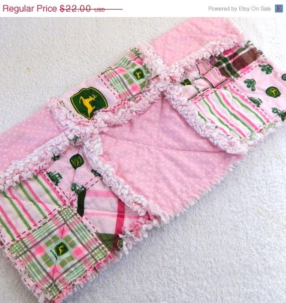 SALE John Deere Pink & Green Plaid Rag Blanket