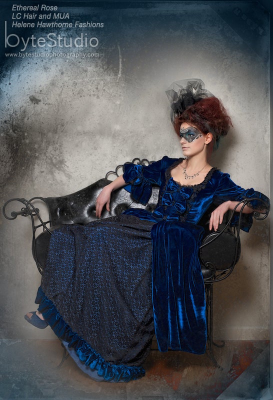 Blue velvet and lace Marie Antoinette Victorian inspired costume dress fits waist 26 to 28 inches