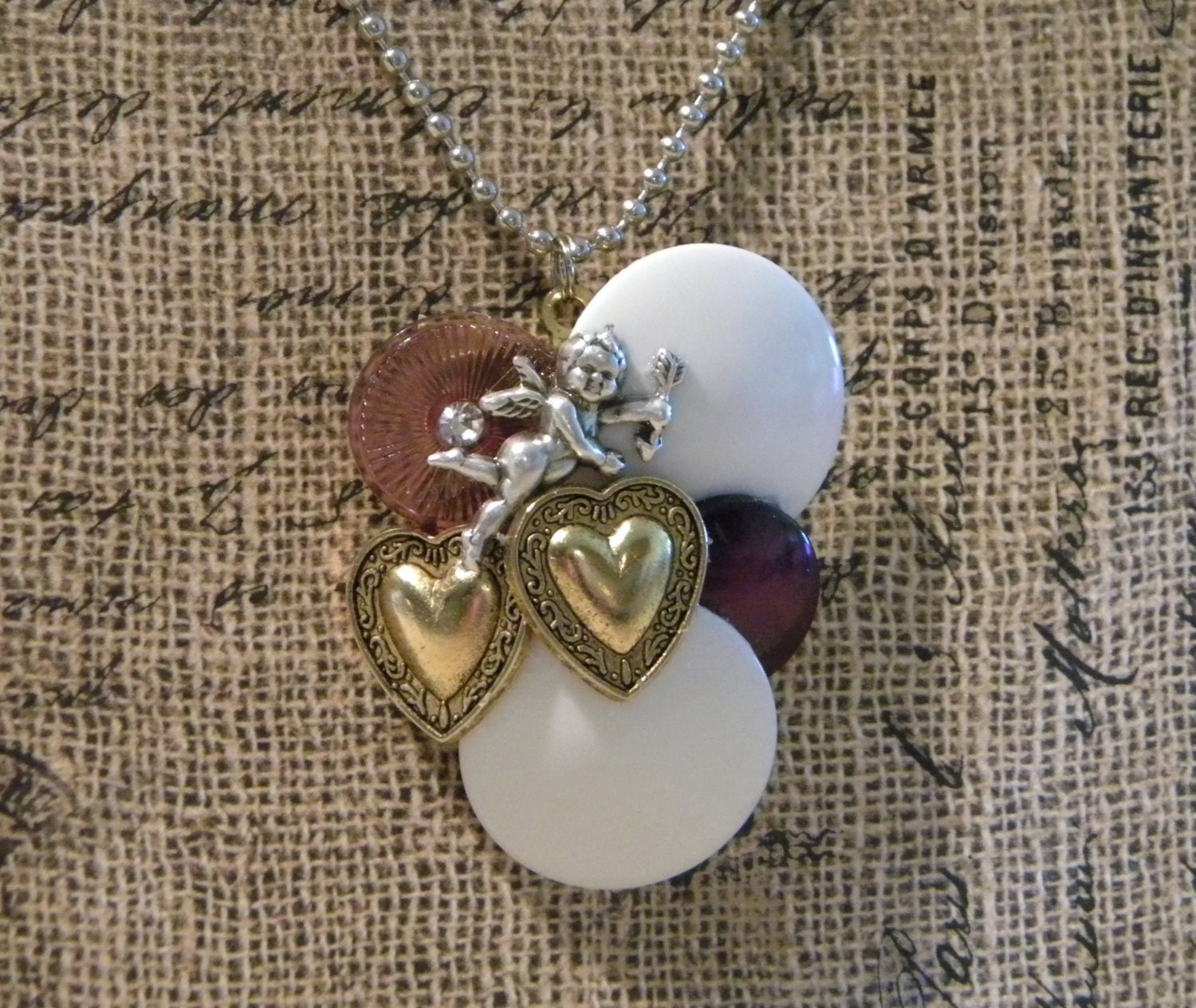 Cupids Purple Heart Pendant Necklace OOAK Altered Art Vintage Buttons