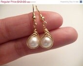 ON SALE Gold wire wrapped Soft pink  pearl earrings