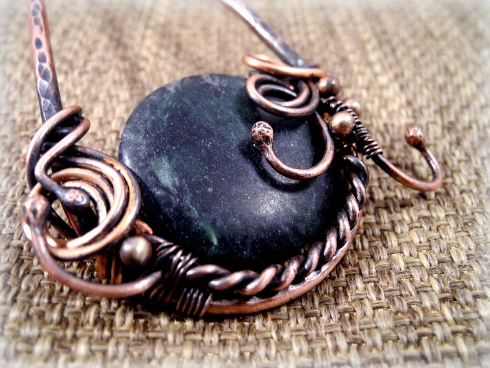 OOAK Copper and Green Zebra Jasper Hair Fork, hair pin, hair comb, antiqued, snakes, twisted, organic