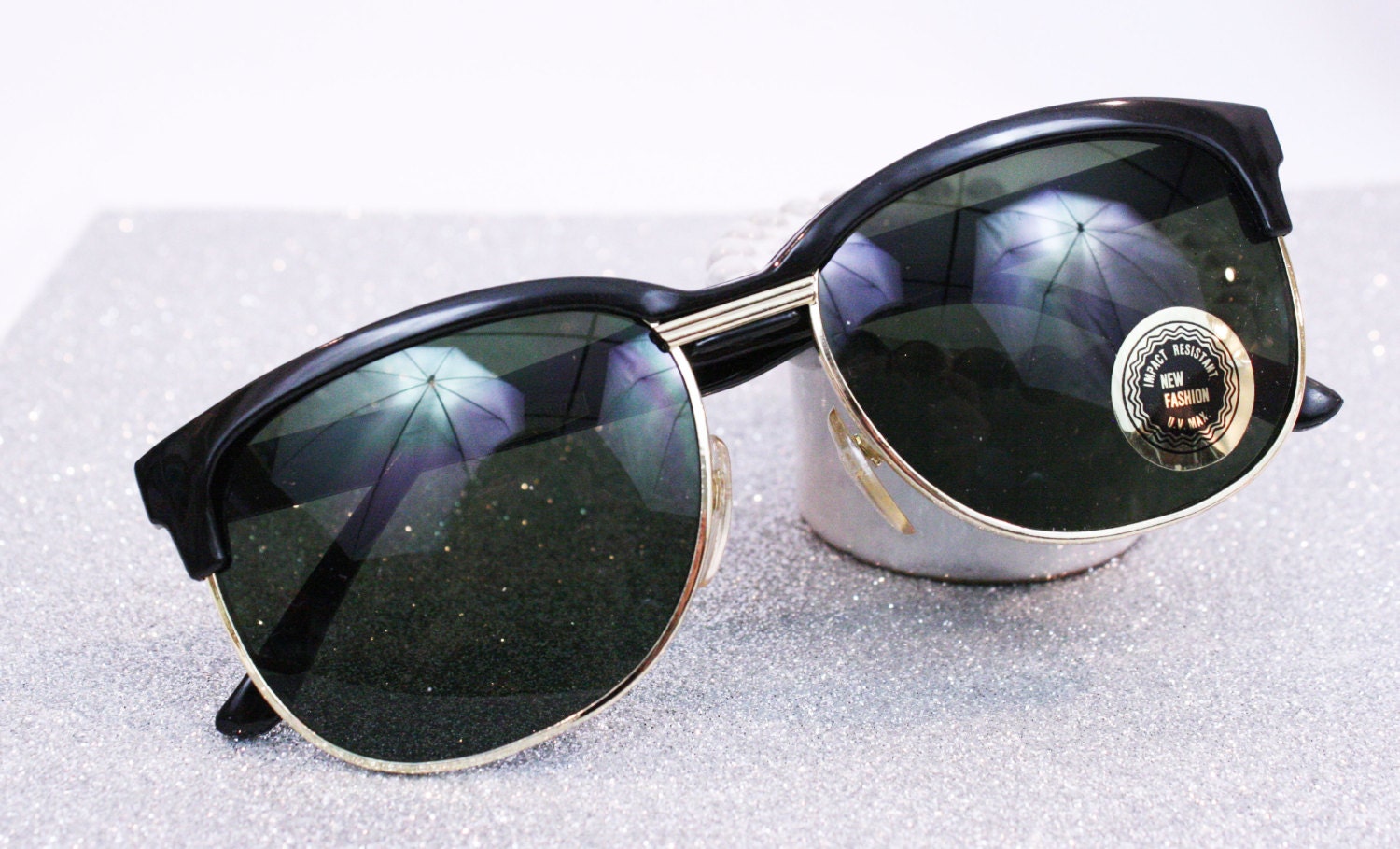 Vintage Sunglasses Clubmaster Frames Black Gold Vintage Shades Deadstock Plastic Sunglasses