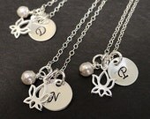 Set of 3 Bridesmaid Necklaces - Wedding Jewelry - Initial Charm Necklace - Bride Jewelry - Lotus Flower - Sterling - LoveStruckMetals