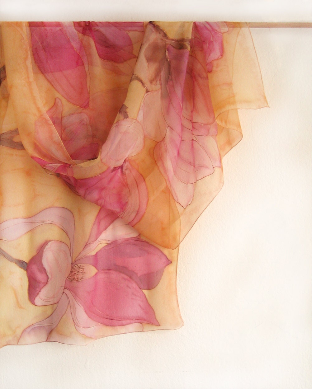 Pink Magnolia hand painted silk chiffon scarf. Spring flowers scarf. Yellow pink silk scarf. Long floral silk scarf paint by hand - klaradar