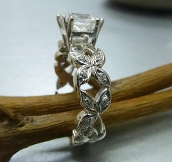 Leaf floral engagement ring. Princess cut Moissanite. 14k gold unique engagement ring