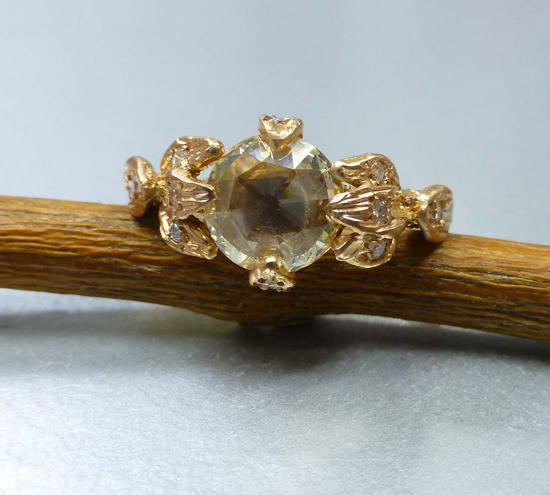 Diamond rose cut leaf engagement ring. Leaves engagement ring. 14k pink gold. Ready to ship.