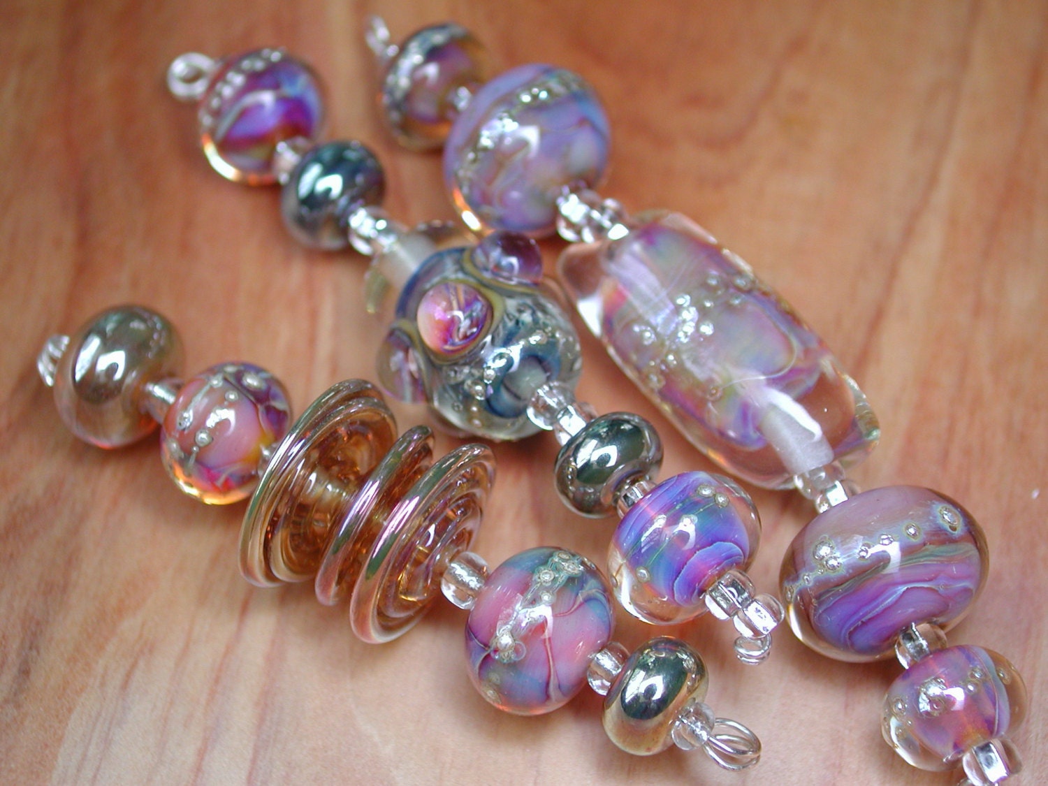 SALE Orphan Lampwork Beads LOT Metallic Pink Blue Opal Bumpy Focal Bead Handmade Loose
