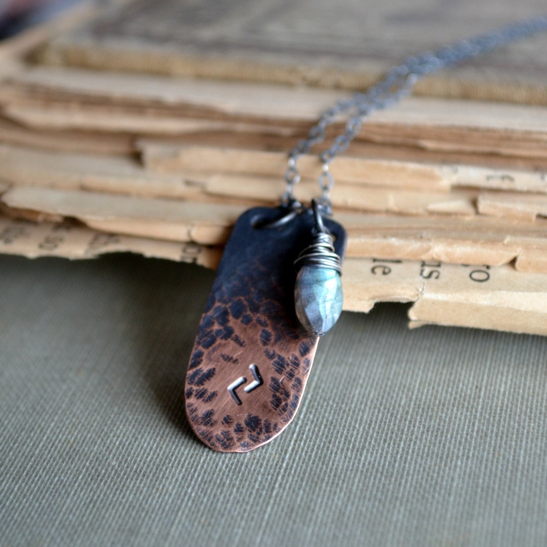 Rune sign necklace, copper charm, wire wrapped labradorite, sterling silver necklace, rustic jewelry - Heritage
