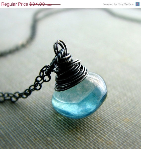 SALE 20% off Wire wrapped gemstone necklace sterling silver rustic oxidized smooth ice blue quartz - The Freeze