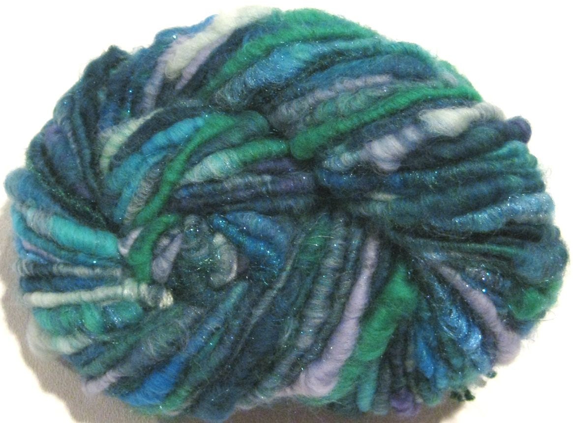 handspun sparkly corespun art yarn Aegean Sea 66 yards blue green purple yarn, merino wool silk sparkle knitting crochet supplies