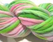 handspun yarn Tulip Time thick and thin bulky merino wool pink green yarn, 70 yards, Waldorf doll hair, knitting supplies crochet supplies