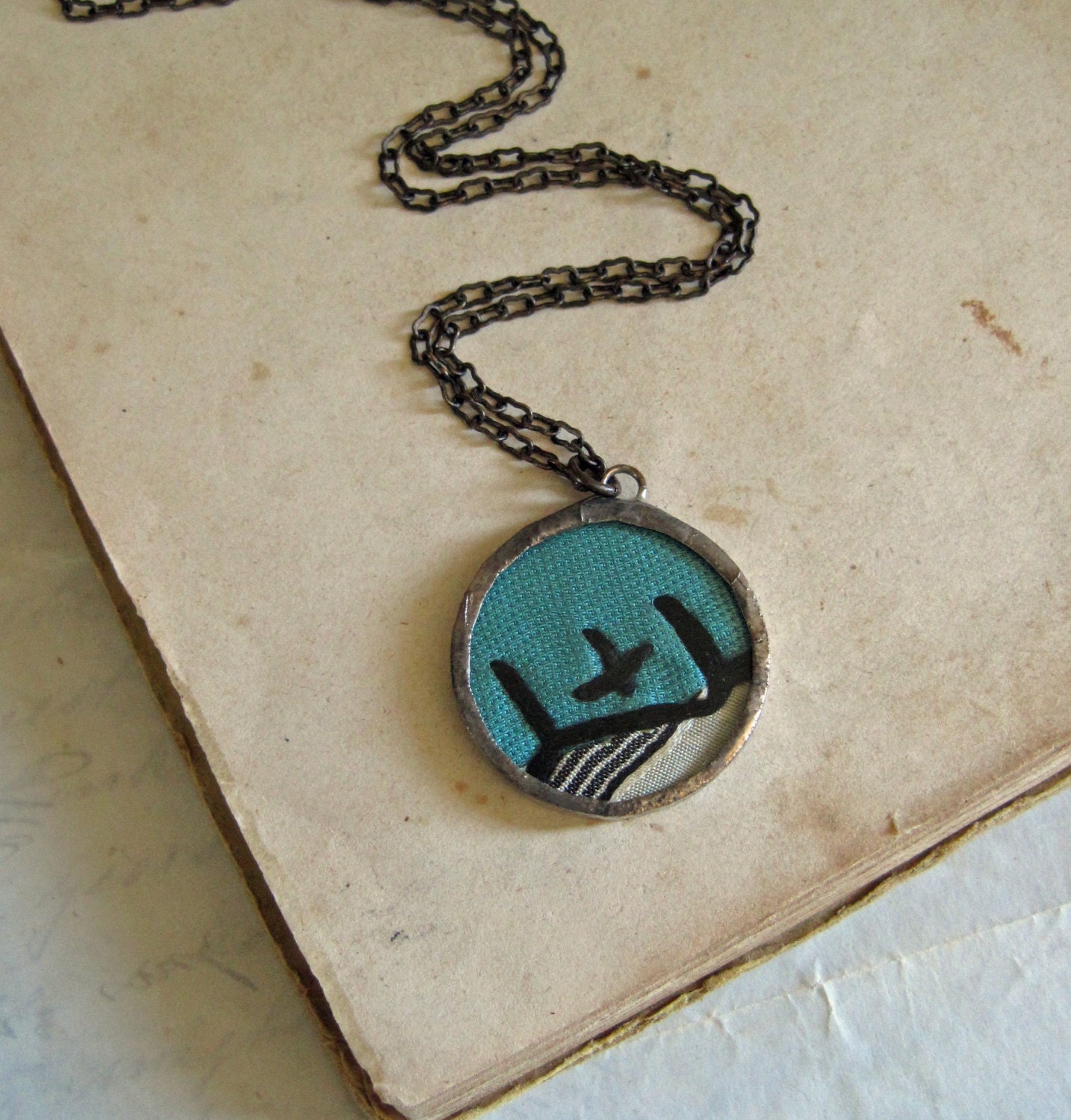 Turquoise Vintage Crazy Quilt Necklace Fiber Embroidery Jewelry